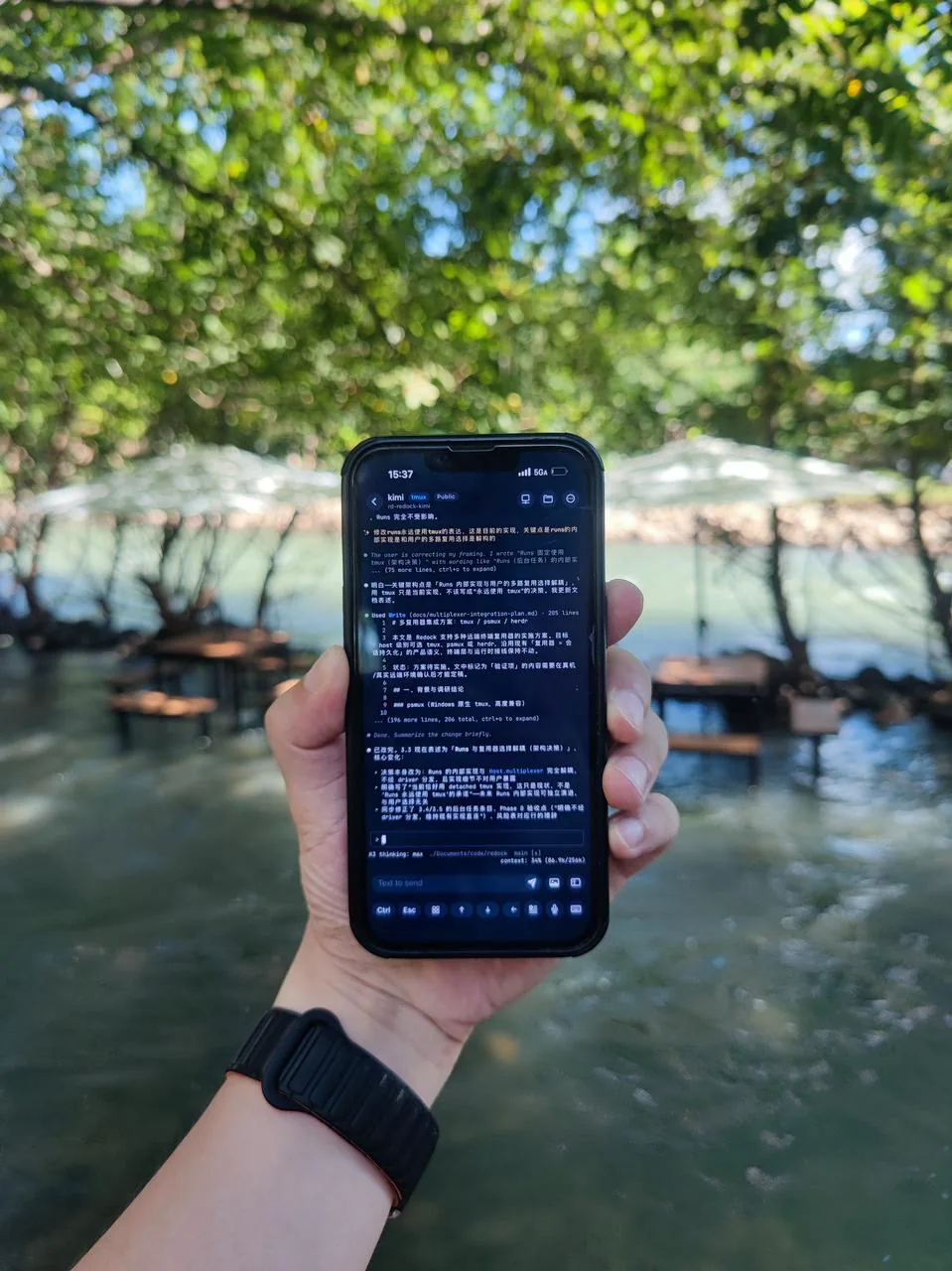 A developer checking a running coding agent in Redock while away from the desk